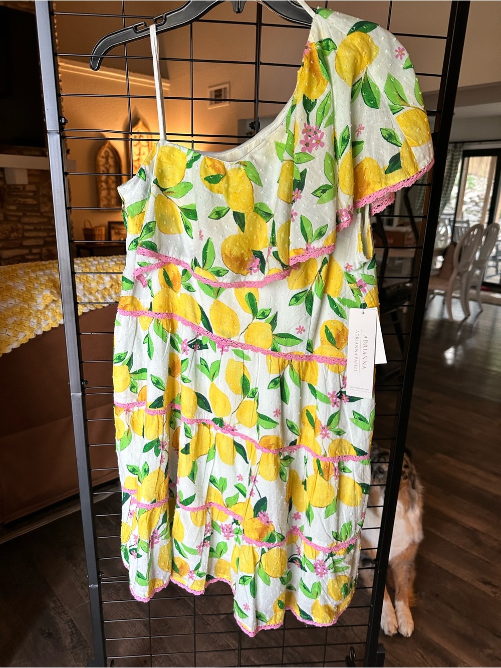 Adrianna Papell Lemon Motif One-Shoulder Dress in Yellow, Green & Pink